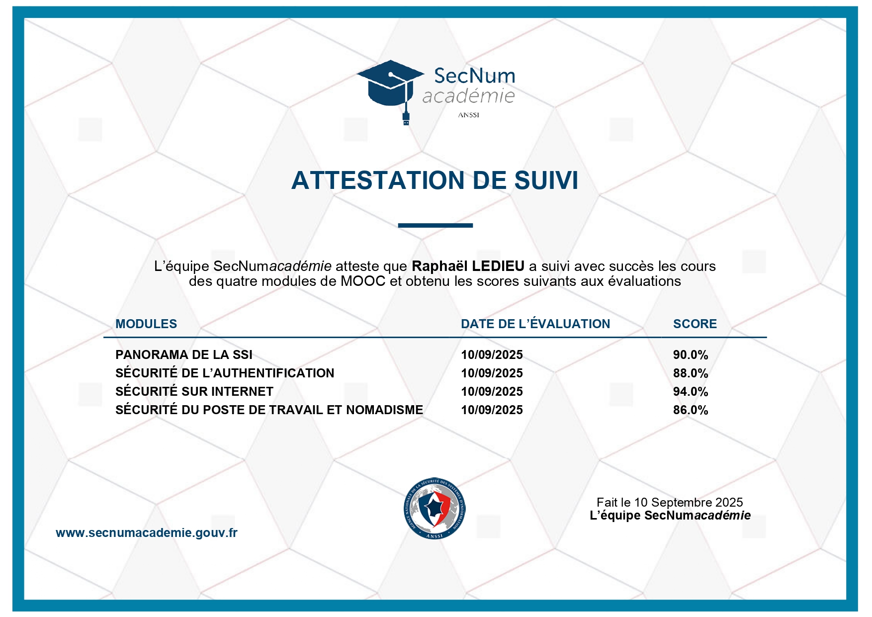 Certification ANSSI SecNumacadémie - Formation cybersécurité