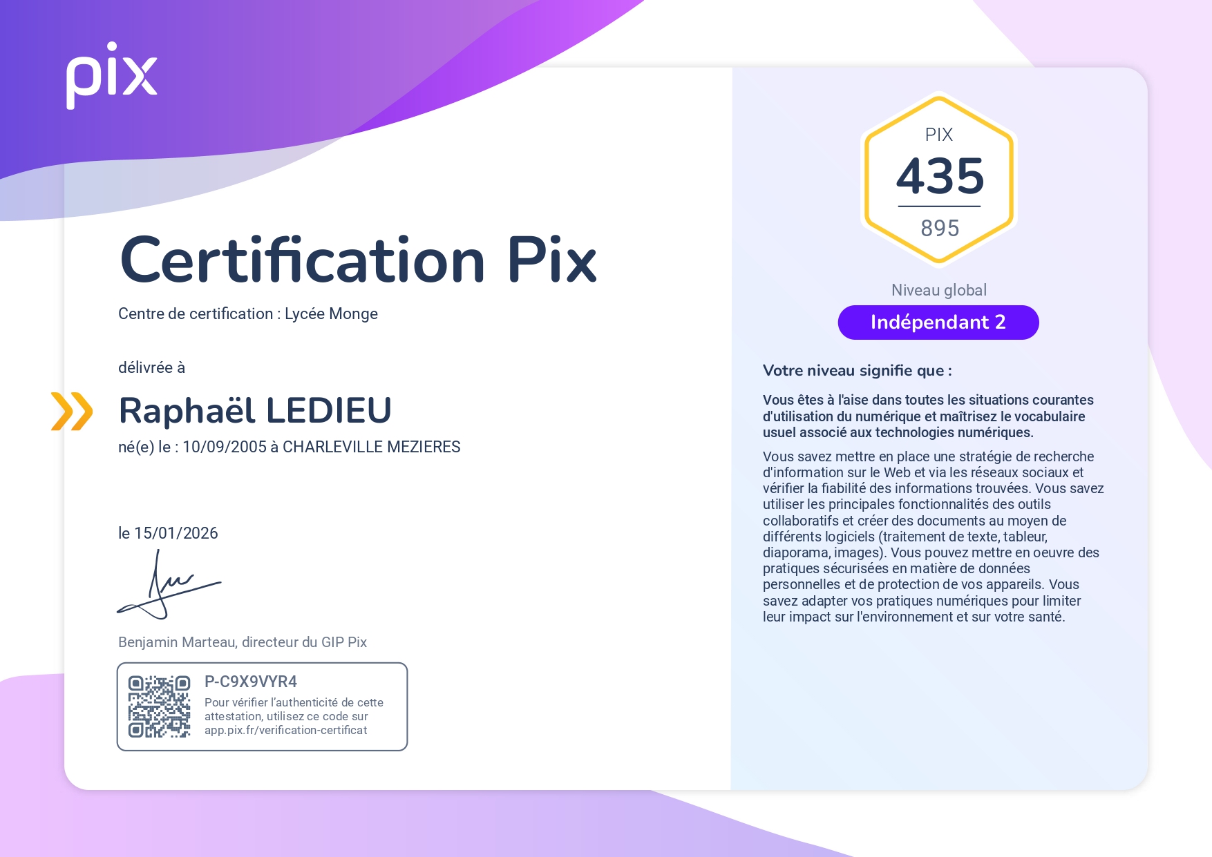 Certification Pix - Compétences Numériques