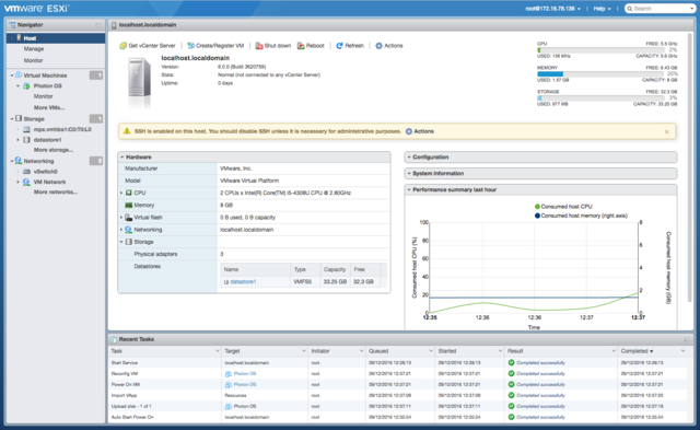Interface vSphere — Client de gestion ESXi