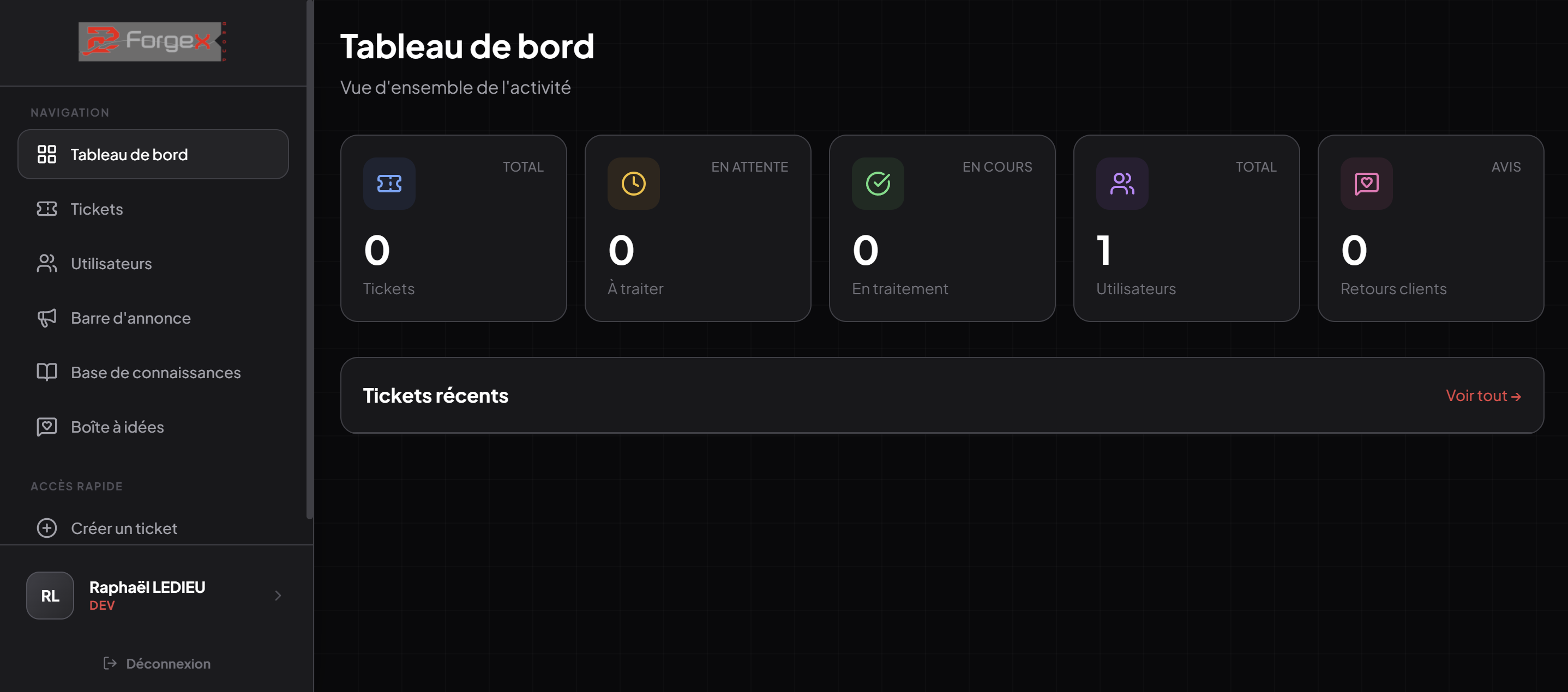 Capture d'écran du panel de ticketing